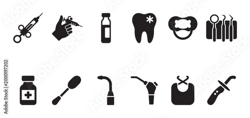 A clean, black and white icon set showcasing various dental instruments and supplies for oral hygiene and treatment.