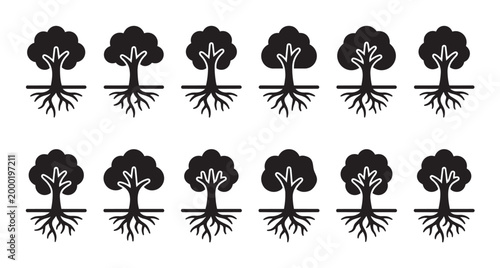 A graphic illustration features a repeating pattern of simple black tree icons with prominent root systems on a clean white background.