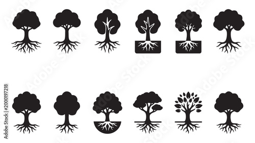 A collection of diverse black silhouette tree icons, each featuring prominent roots, presented on a clean white background for versatile use.