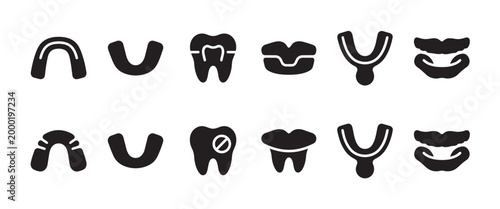 A clean, modern graphic design featuring a set of black silhouette icons related to dentistry, including various mouth shapes, teeth, and mouthguards, set against a white background.