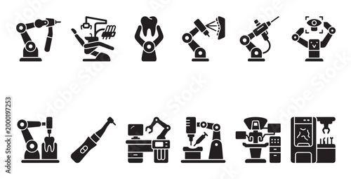 Collection of black silhouette icons representing robotic automation in dentistry, including surgical arms, dental drills, and 3D printing machines.
