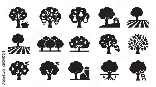Collection of black silhouette icons representing various fruit trees, harvest, farming, and rural life.