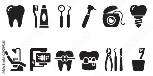 A collection of black dental icons on a white background, including a tooth, toothbrush, dental tools, dental chair, and X-ray.