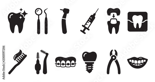 A collection of black silhouette icons representing various dental treatments and hygiene practices, ideal for healthcare or wellness content.