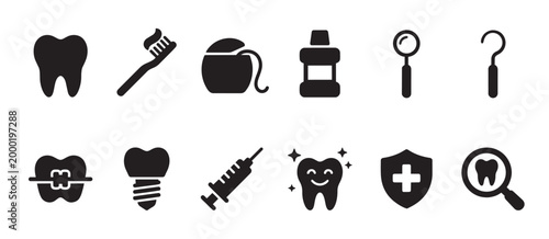 A collection of black silhouette icons representing various aspects of dental hygiene and treatment, including teeth, toothbrush, floss, and more, on a white background.