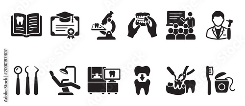 A collection of black and white vector icons representing various aspects of dental care, education, and practice.