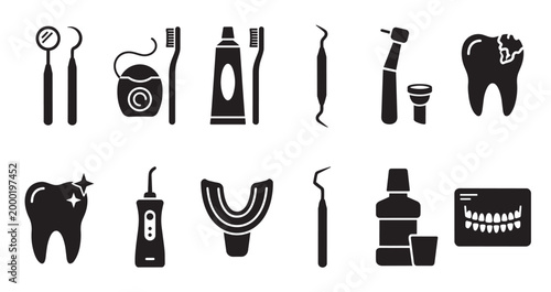 A collection of black silhouette icons representing dental care and hygiene tools, including toothbrushes, toothpaste, floss, mirrors, drills, and teeth.