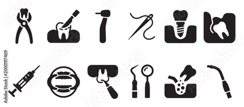 A collection of black and white vector icons representing various dental procedures and tools, including extraction, surgery, implants, and hygiene.