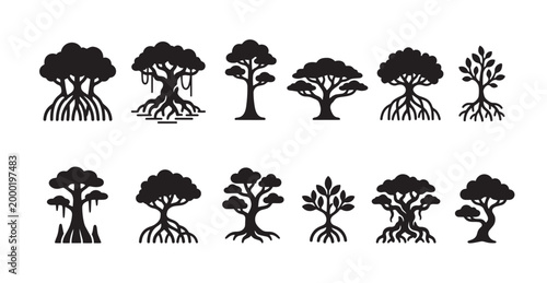 A collection of black silhouette icons of various trees, including mangrove and bonsai styles, set against a white background, ideal for nature and environmental designs.