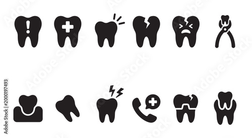 A collection of black and white vector icons illustrating various dental issues, including pain, decay, breakage, and extraction tools, against a clean white background.