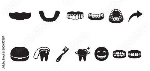 A collection of black and white vector icons illustrating various aspects of dental health, including dentures, teeth, toothbrush, and a smiling face.