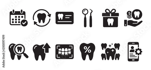 A collection of black flat icons representing various aspects of dental healthcare, including appointments, insurance, tools, and promotions, ideal for websites and medical presentations.