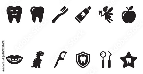 A collection of black and white vector icons representing dental care, including teeth, toothbrush, toothpaste, tooth fairy, apple, mouth, dinosaur, floss, shield, and dentist tools.