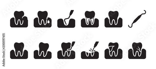 A set of black and white icons illustrating various dental conditions and treatments, showcasing tooth decay, gum recession, and dental instruments for care.