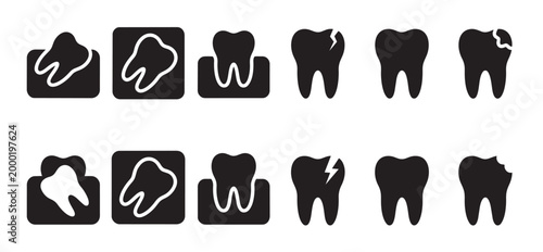 This collection of black and white dental icons features various tooth conditions, including healthy teeth, cracked teeth, and cavities, perfect for medical and dental concepts.
