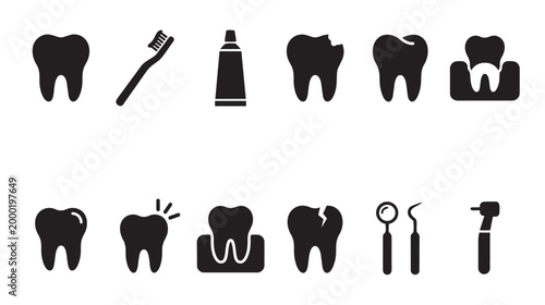 A collection of black silhouette icons illustrating dental care, featuring teeth, toothbrush, toothpaste, and dentist tools, perfect for health and medical concepts.