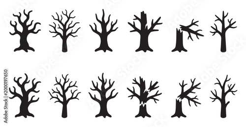 Collection of black silhouette icons of various bare, dead trees, some broken and damaged, against a white background, ideal for seasonal or symbolic use.