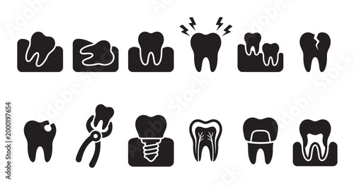 A clean, modern collection of black and white vector icons illustrating various dental conditions and treatments, perfect for medical and health-related designs.