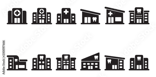 A collection of minimalist black and white icons representing various medical and dental buildings, perfect for healthcare or dental service concepts.