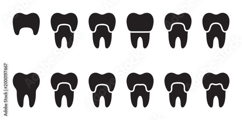 A clean and simple graphic displays rows of black tooth silhouettes against a white background, ideal for dental care and health concepts.
