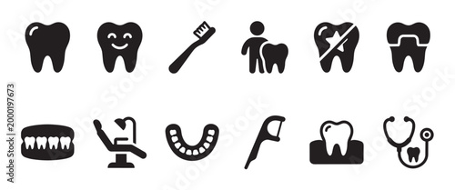 A collection of simple black and white icons representing various aspects of dental health, hygiene, and professional care, suitable for medical and wellness content.