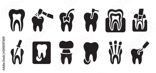 A collection of black silhouette icons illustrating various dental care and treatment procedures on teeth, including root canals, drilling, and X-rays.