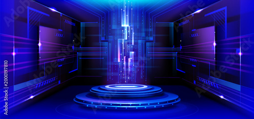 Futuristic digital podium with glowing blue neon screen and abstract data stream, light flows, vector background. Modern stage platform, advanced technology interface in virtual space, science concept