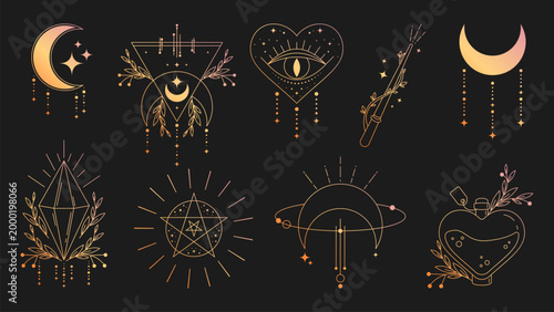 Mystical witchcraft doodle esoteric symbols with moon, crystals, love potion and heart with eye. Hand drawn magic icons, celestial stars, spiritual tarot elements in vintage boho style, floral pattern