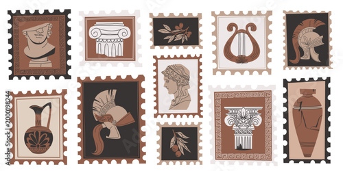 Greek antique vase stamp design with vintage mediterranea motifs, cartoon vector set of illustrations. Ancient greece pottery frames, classic postcard art templates, sticker graphic elements