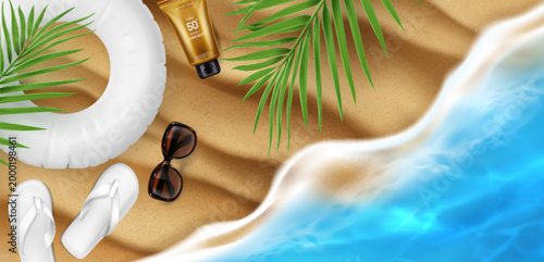 Sandy beach banner with sunscreen, sunglasses, flip flops and inflatable ring and palm leaves on summer sea shore, 3d realistic vector background, top view. Tropical product display for cosmetic ads