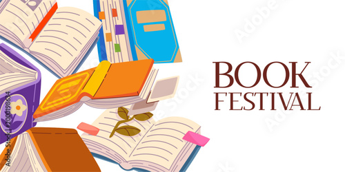 Book festival cover design with flying or falling books. Cartoon vector illustration, simple border isolated on white background for library posters, educational fairs, and literature event banner