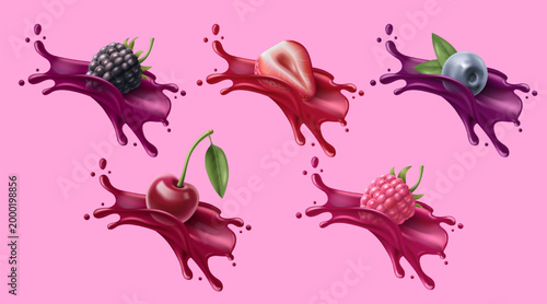 3D fresh berries with juicy splash, realistic texture, green leaves, vector illustrations isolated on background. Sweet red strawberry, cherry, blue and black ripe fruits, drink icon design set