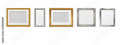 Elegant gold, silver frames with wooden or metal borders for photos and artwork, 3d realistic vector set isolated on white background. Classic golden picture design for certificates and paintings