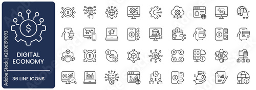 Digital economy line icon set. Collection of e-commerce, fintech, cryptocurrency, blockchain, online banking and digital transformation outline vector symbols with editable stroke.