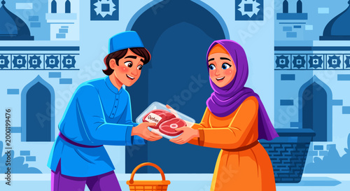 Muslim man giving sacrificial meat to woman near mosque illustration