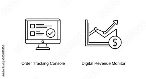 E-commerce order tracking console and digital revenue monitor business icons