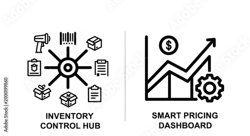 Inventory control hub and smart pricing dashboard e-commerce business icons
