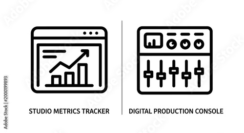 Studio metrics tracker and digital production console audio icons with analytics