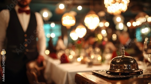 Warm, glowing restaurant with server near silver bell