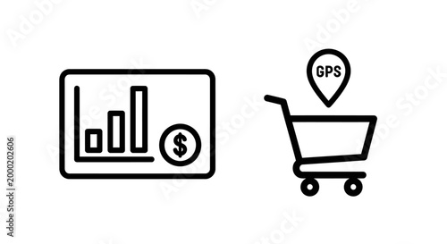 Financial chart and gps shopping cart icons with e commerce financial currency