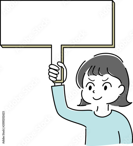 空白のプラカードを持つやる気に満ちた顔の女性のシンプルイラスト（案内・メッセージ・広告・人物） / Simple illustration of a motivated woman  and holding a blank signboard (message, announcement, advertising, person)