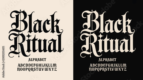Elegant gothic typography featuring the words black ritual and alphabet samples