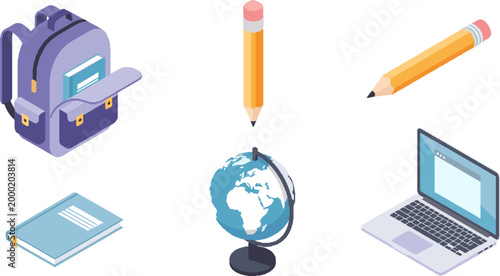 Isometric School Stationery Icon Set with Backpack and Laptop