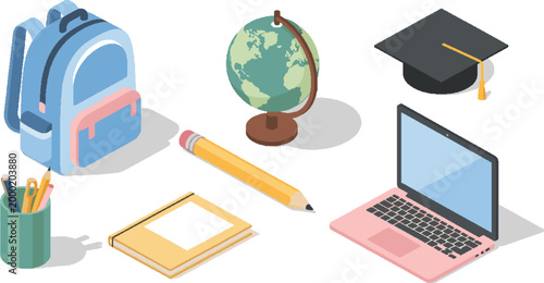 Isometric School Stationery Icon Set with Backpack and Laptop