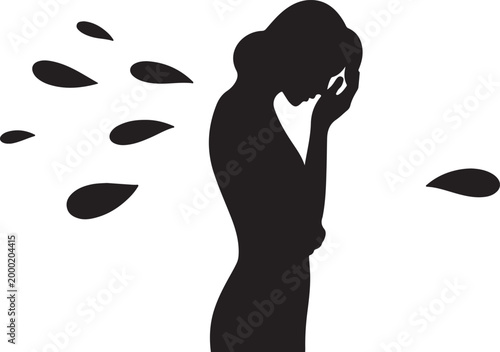 Silhouette of Woman in Distress with Falling Shapes