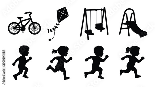 Black silhouettes of children playing outdoors with bicycle kite swing set and slide on white background