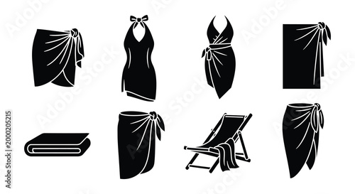 Sarong silhouettes and beach accessories black vector illustration