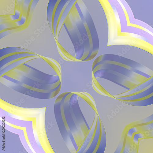 A square ornament consisting of four loops. Yellow and purple striped ribbons create a three-dimensional pattern. The style resembles jewelry