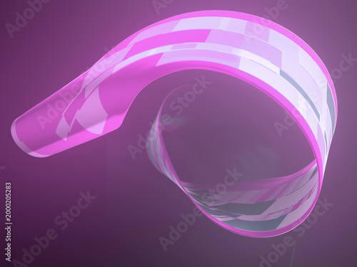 A bright pink ribbon forms an arch. Glossy surface with white digital splashes. Futuristic style with a neon glow