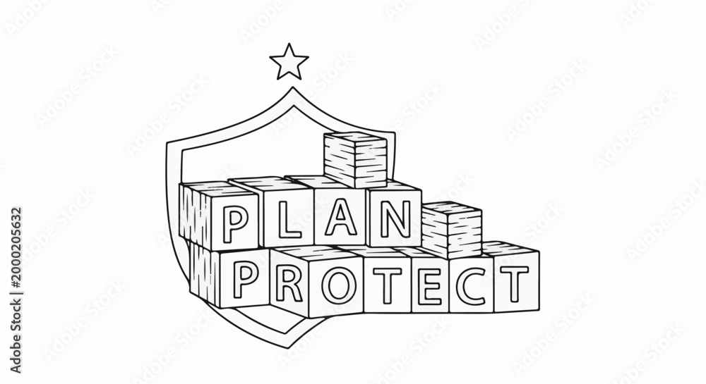 Fototapeta premium Wooden blocks with letters forming 'PLAN PROTECT' inside a shield with a star